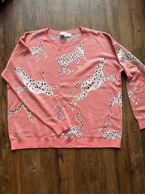 LOFT Coral Crewneck Sweater with White & Black Cheetah Print